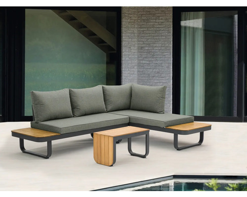 Ensemble de salon de jardin avec canapé d''angle, coussins et table en bois sur une terrasse