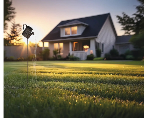 Szene mit einem Rasensprenger in Form einer Gießkanne in einem Garten vor einem Wohnhaus
