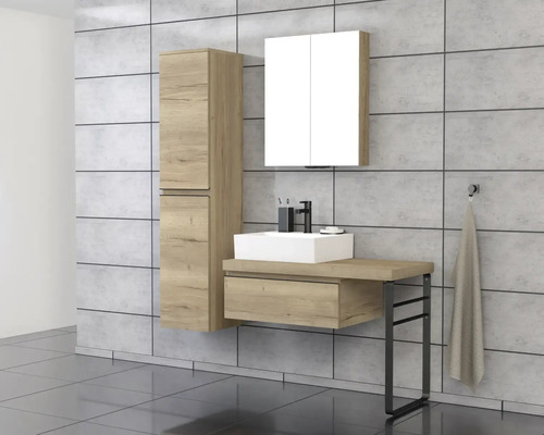 Ensemble de salle de bains moderne avec meuble-lavabo, armoire de toilette et armoire haute aspect bois