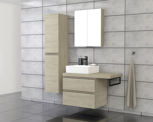 Salle de bains avec meuble-lavabo, armoire de toilette et armoire haute