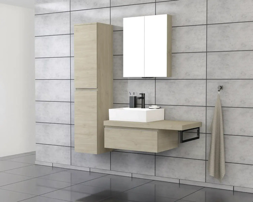 Ensemble de salle de bains moderne avec lavabo, armoire de toilette et armoire haute