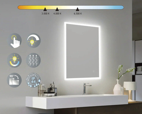 Miroir lumineux avec capteur tactile, couleur de lumière réglable et protection IP44