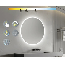 Miroir rond avec éclairage LED dans la salle de bain. Fonction tactile, intensité lumineuse réglable, température de couleur réglable. IP44 : Protection contre les projections d’eau de toutes directions.