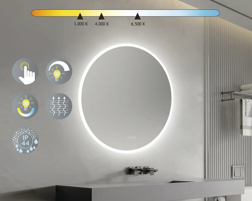 Miroir rond avec éclairage LED dans la salle de bain. Fonction tactile, intensité lumineuse réglable, température de couleur réglable. IP44 : Protection contre les projections d’eau de toutes directions.