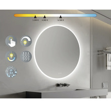 Miroir rond avec éclairage LED dans salle de bains avec fonction tactile, contrôle des couleurs de la lumière, chauffage et indice de protection IP44.