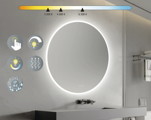 Miroir rond avec éclairage LED dans salle de bains avec fonction tactile, contrôle des couleurs de la lumière, chauffage et indice de protection IP44.