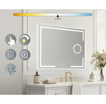 "Miroir lumineux au-dessus d''un lavabo avec robinetterie dorée et décoration 