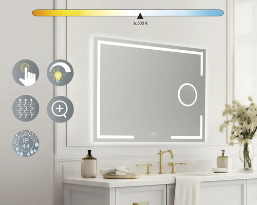 "Miroir lumineux au-dessus d''un lavabo avec robinetterie dorée et décoration 