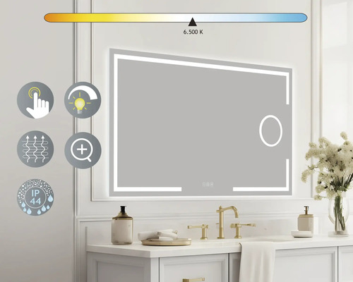 Miroir éclairé avec fonction tactile et température de couleur réglable au-dessus d''un lavabo