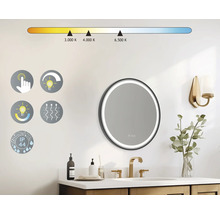 Miroir de salle de bain rond avec éclairage LED, fonction tactile, fonction de variation d''intensité, fonction de chauffage et indice de protection IP44 dans une salle de bain