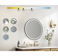 Salle de bains avec miroir rond, contrôle de la température, capteur tactile, fonction de variateur, fonction antibuée et indice de protection IP44.