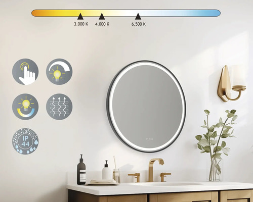 Salle de bains avec miroir rond, contrôle de la température, capteur tactile, fonction de variateur, fonction antibuée et indice de protection IP44.