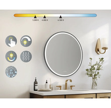 Miroir de salle de bains rond avec éclairage LED, capteur tactile et température de couleur réglable de 3000 à 6500 Kelvin, indice de protection IP44.