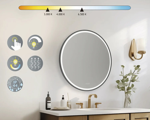 Miroir de salle de bains rond avec éclairage LED, capteur tactile et température de couleur réglable de 3000 à 6500 Kelvin, indice de protection IP44.