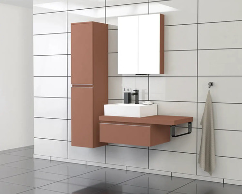 Salle de bains moderne avec lavabo, armoire de toilette et armoire haute