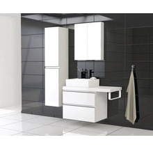 Salle de bain moderne avec meuble sous-lavabo, armoire de toilette et armoire haute.