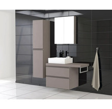 Salle de bains avec lavabo, armoire de toilette et armoire haute devant des carreaux foncés