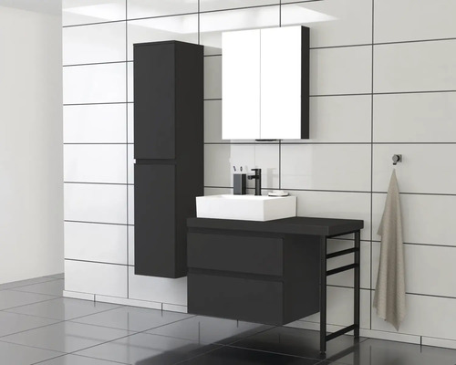 Salle de bains avec meuble sous-vasque, armoire de toilette et armoire haute