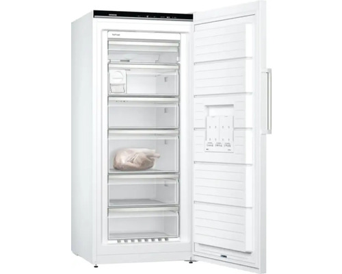 Congélateur ouvert avec plusieurs tiroirs et un oiseau congelé à l''intérieur