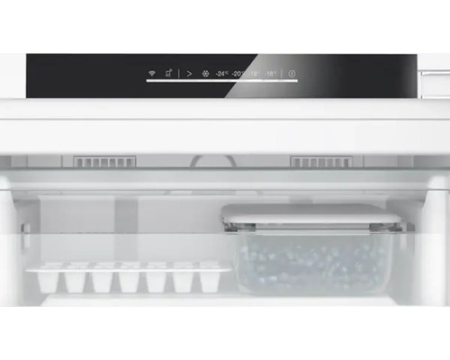 Innenansicht eines Gefrierschranks mit Eiswürfelbehälter und Behälter mit Deckel