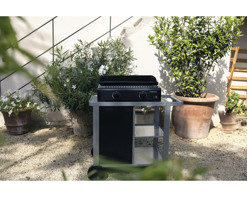 Chariot de barbecue CampinGaz avec plaque de cuisson à l''extérieur avec des plantes