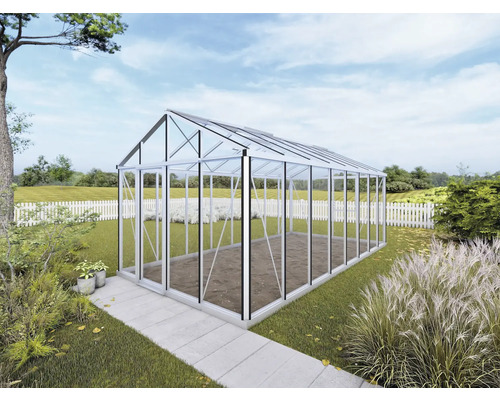 Gewächshaus im Garten mit Glaswänden und Aluminiumrahmen