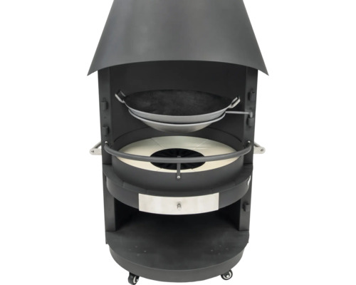 Cheminée barbecue avec hotte et étagères sur roulettes