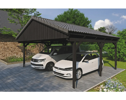 Carport double SKAN Holz Fichtelberg avec ancre de poteau 618 x 566 cm anthracite Carport double SKAN Holz Fichtelberg avec ancre de poteau 618 x 566 cm anthracite