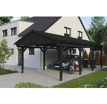 Carport en bois noir avec voiture et moto devant une maison