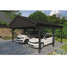 Double carport en bois avec deux voitures garées