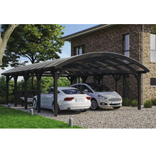 Double carport en bois avec deux voitures garées