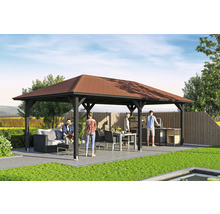 Scène de jardin avec pavillon en bois, coin salon, table à manger et espace barbecue