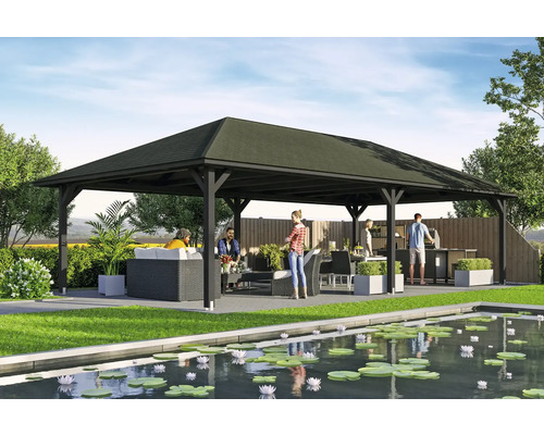 Pavillon SKAN HOLZ Orleans 4 bois lamellé-collé 569 x 1046 cm anthracite Personnes sous un pavillon avec mobilier de jardin et barbecue