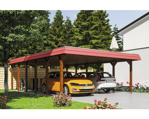 Doppelcarport SKAN HOLZ Spreewald rote Blende inkl. Pfostenanker 585 x 893 cm nussbaum