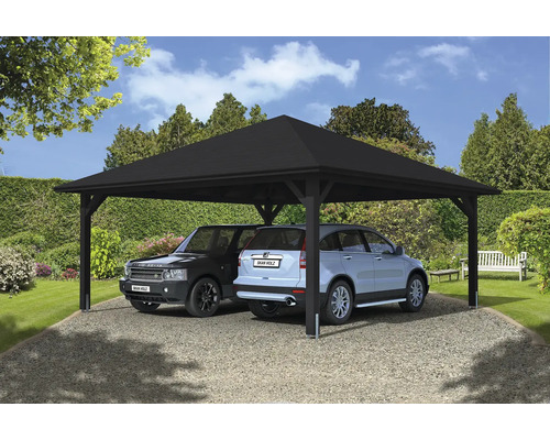 Doppelcarport SKAN HOLZ Taunus inkl. Pfostenanker 634 x 634 cm anthrazit Quadratischer Carport aus Holz mit zwei parkenden Autos