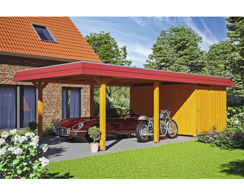 Einzelcarport SKAN HOLZ Wendland rote Blende inkl. Pfostenanker, Abstellraum 409 x 870 cm eiche hell Einzelcarport SKAN HOLZ Wendland rote Blende inkl. Pfostenanker, Abstellraum 409 x 870 cm eiche hell