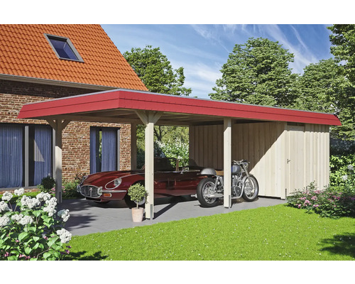 Einzelcarport SKAN HOLZ Wendland rote Blende inkl. Pfostenanker, EPDM Folie, Abstellraum 409 x 870 cm natur Einzelcarport SKAN HOLZ Wendland rote Blende inkl. Pfostenanker, EPDM Folie, Abstellraum 409 x 870 cm natur