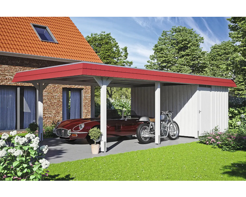 Einzelcarport SKAN HOLZ Wendland rote Blende inkl. Pfostenanker, Abstellraum 409 x 870 cm weiß Einzelcarport SKAN HOLZ Wendland rote Blende inkl. Pfostenanker, Abstellraum 409 x 870 cm weiß