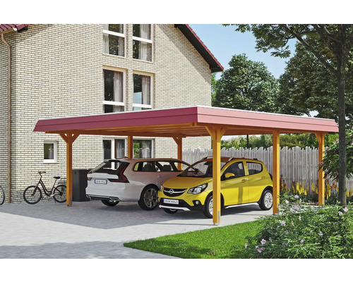 Doppelcarport SKAN HOLZ Wendland rote Blende inkl. Pfostenanker 630 x 637 cm eiche hell