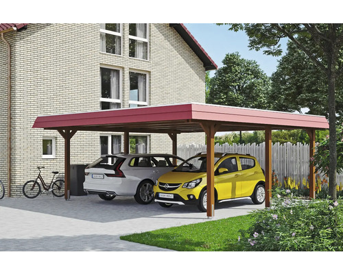 Doppelcarport SKAN HOLZ Wendland rote Blende inkl. Pfostenanker 630 x 637 cm nussbaum