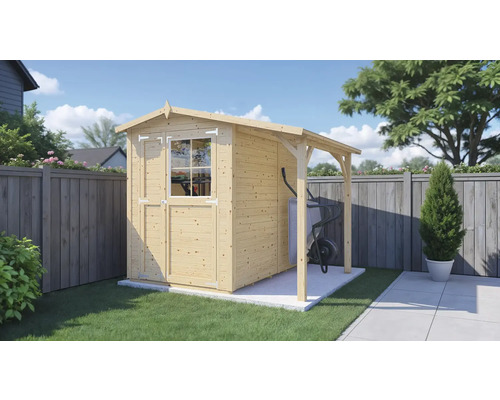 Abri de jardin Bertilo Tonio 1 Plus avec toit en appentis 244 x 233 cm, naturel Abri de jardin en bois avec auvent et fenêtre dans le jardin