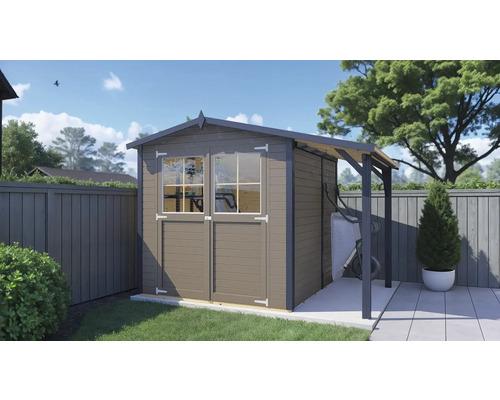 Abri de jardin Bertilo Tonio 2 Plus avec toit en appentis 297 x 233 cm beige Abri de jardin avec double porte et annexe dans le jardin