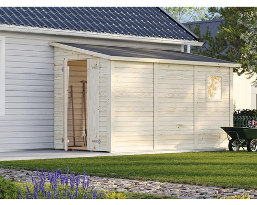 Gartenhaus Palmako Mia 5,2 m² inkl. Fussboden 354 x 178 cm tauchgrundiert Gartenschuppen aus Holz mit geöffneter Tür und Fenster