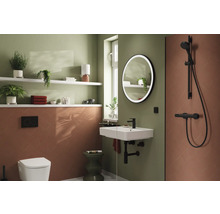 Salle de bain moderne avec lavabo, miroir, douche et étagères