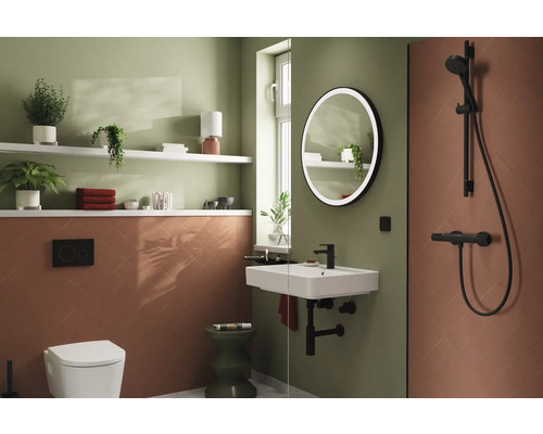 Modernes Badezimmer mit Waschbecken, Spiegel, Dusche und Regalen