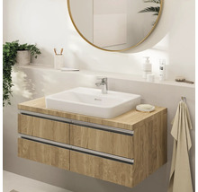 Meuble-lavabo avec meuble sous-vasque, vasque à poser, robinetterie et miroir pour la salle de bains