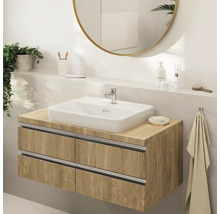 Lavabo de salle de bain avec meuble sous-vasque en bois et miroir rond