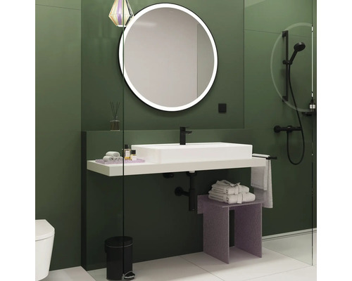 Modernes Badezimmer mit runden Spiegel, Waschbecken, Hocker und Dusche