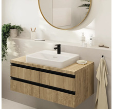 Salle de bains moderne avec meuble sous-lavabo, vasque à poser et miroir rond