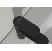 Logo Hansgrohe sur un robinet noir